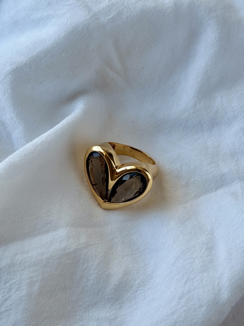 Stoned Heart Ring - 18k Gold Plated - Reconstituted Smoky Quartz